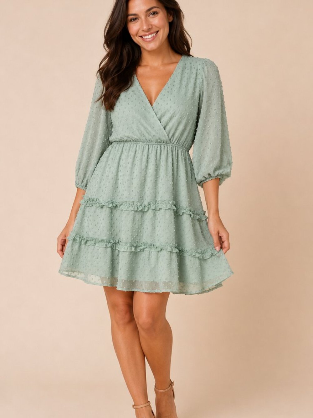 Naif Mint Green Swiss Dot Tiered Ruffle Dress Size M Boho Wrap V-Neck Cottagecor